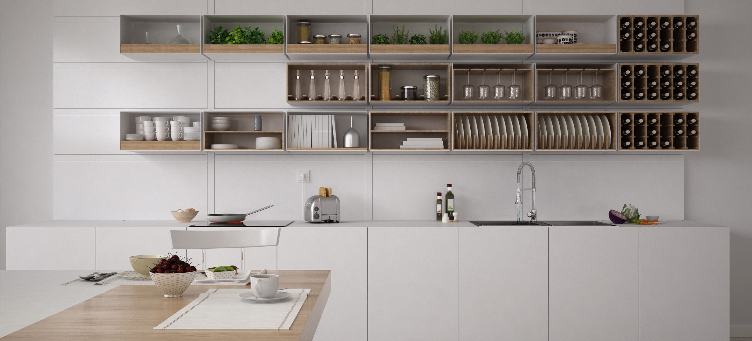 Elegant white I-shaped kitchen design featuring modern finishes and efficient layout.