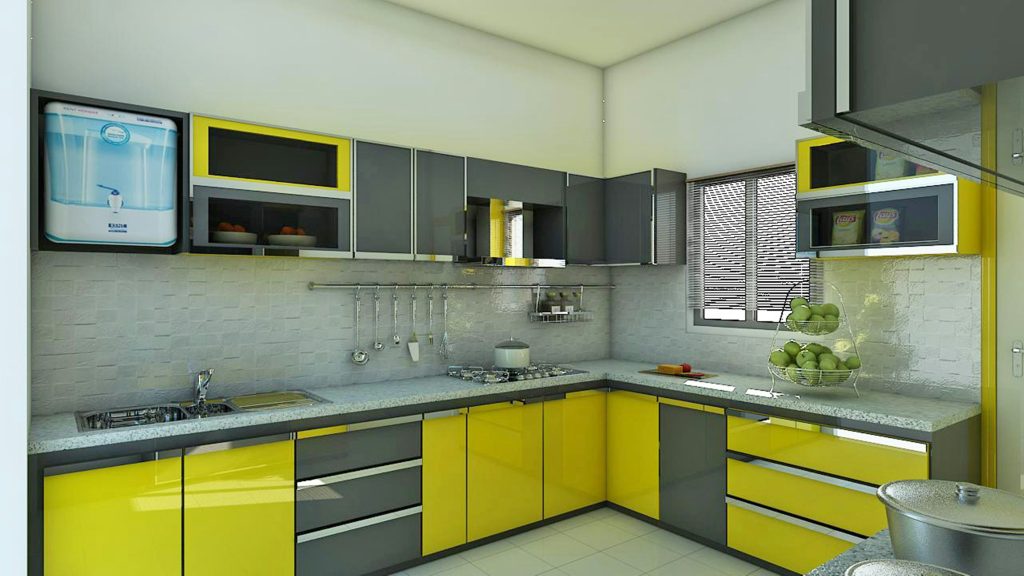 Stylish L-shaped kitchen design in yellow and gray with modern features