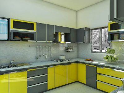 Stylish L-shaped kitchen design in yellow and gray with modern features