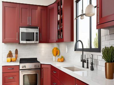 Elegant L-shaped modular kitchen design in vibrant red, featuring modern style and high-quality materials.