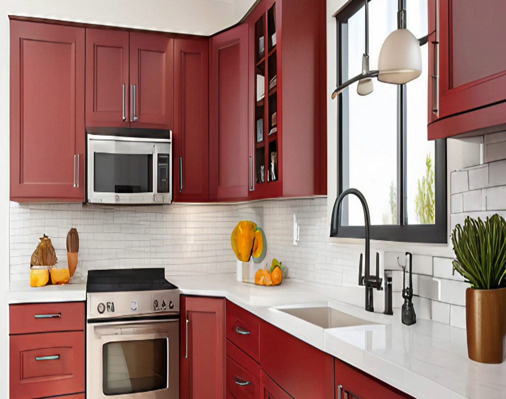 Elegant L-shaped modular kitchen design in vibrant red, featuring modern style and high-quality materials.