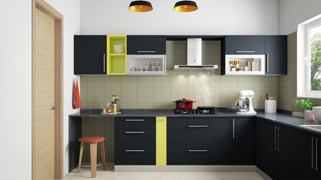 l shaped black and parrot green color kitchen design