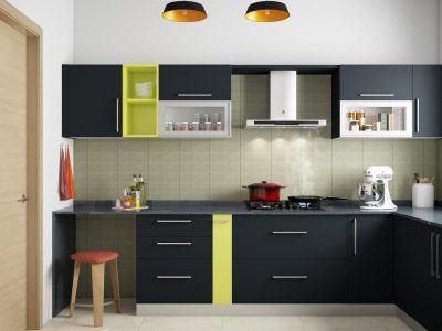 Stylish L-shaped modular kitchen design in sleek black, featuring modern finishes and high-quality materials.