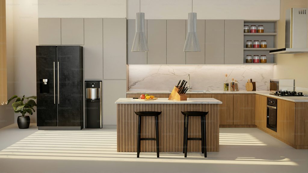 Stylish and efficient L-shape modular kitchen design by SLE Pune with smart storage solutions.