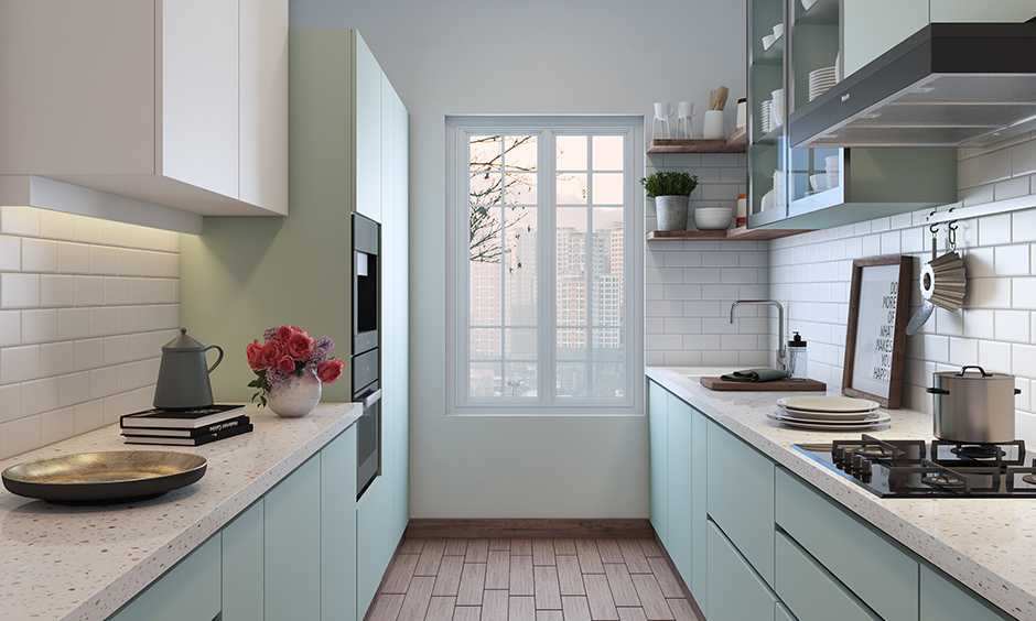 Modern parallel kitchen with sleek cabinetry and contemporary design