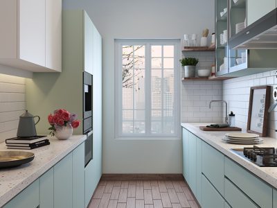 Modern parallel kitchen design featuring efficient layout and sleek finishes.