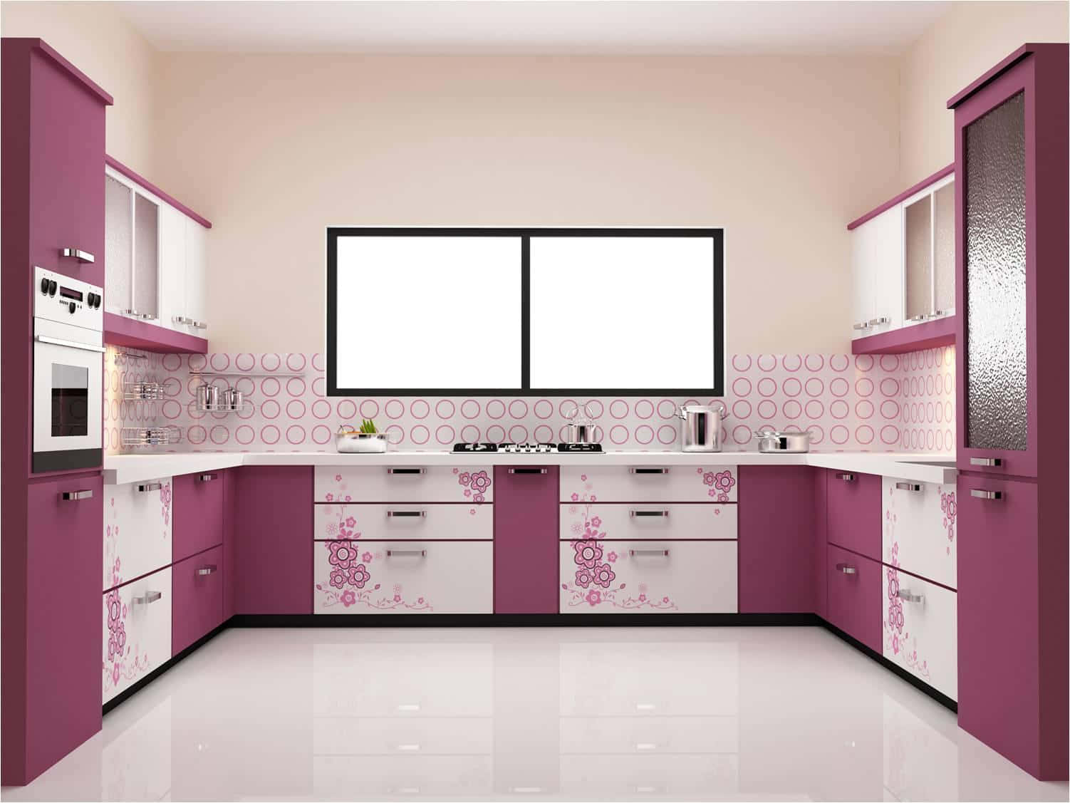 white and pink color u shape modular kitchen