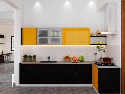 Compact L-shaped modular kitchen design in yellow and black, combining vibrant and sleek elements.