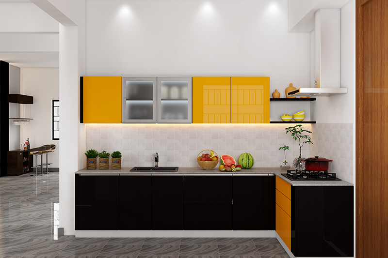 Compact L-shaped modular kitchen design in yellow and black, combining vibrant and sleek elements.