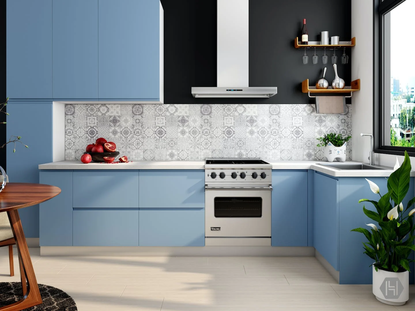 Elegant blue L-shaped modular kitchen design with modern finishes and smart storage solutions