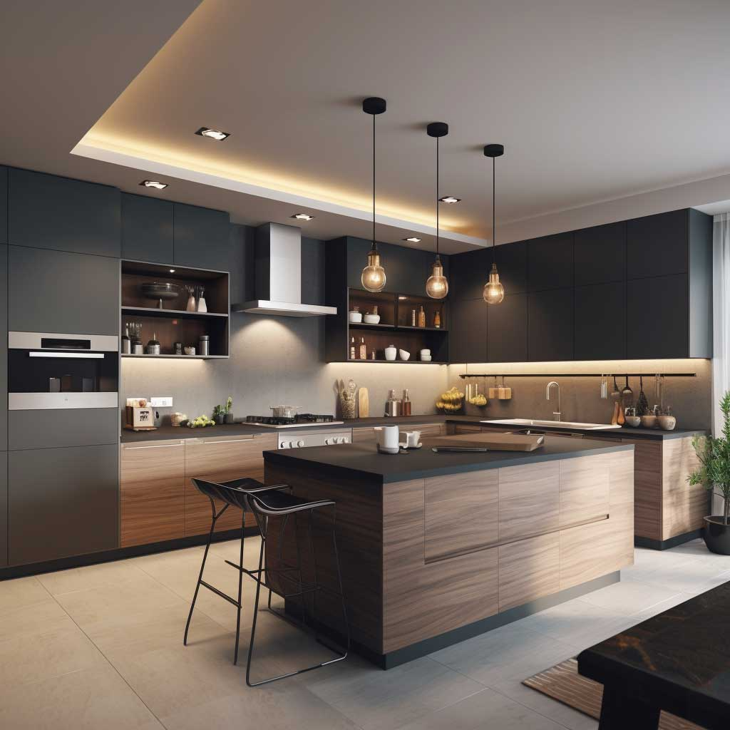 Spacious L-shaped modular kitchen design with sleek cabinetry and modern appliances.