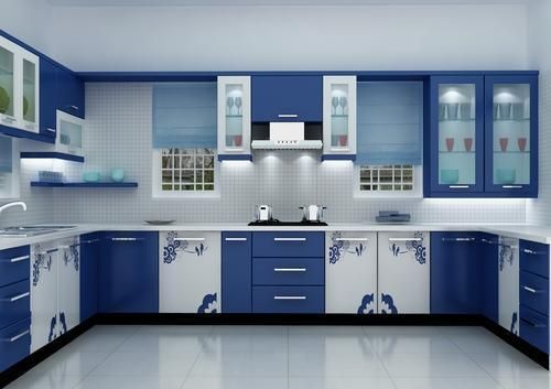 Elegant blue and white parallel kitchen design with modern features