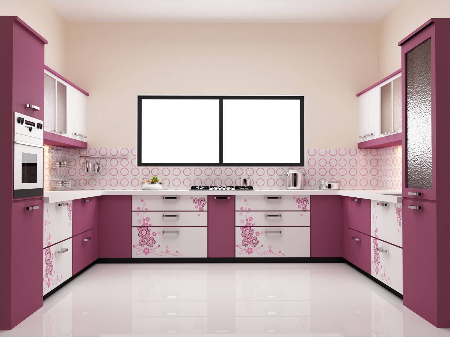 Elegant pink and white U-shaped modular kitchen design with modern finishes.