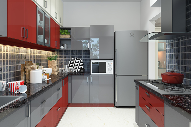 Stylish red and gray modular kitchen design for small spaces, featuring a parlor kitchen layout.