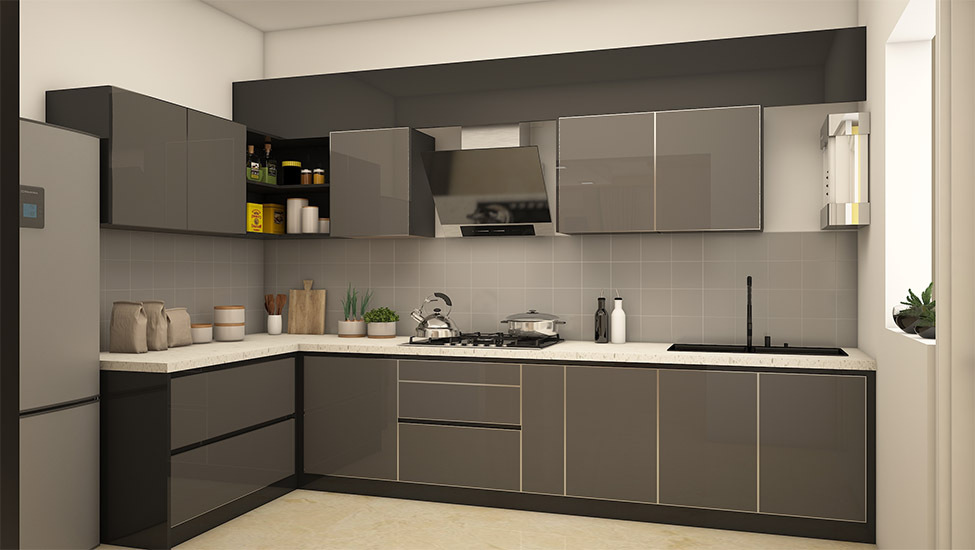 Compact gray modular kitchen with white borders and black accents, perfect for small spaces.