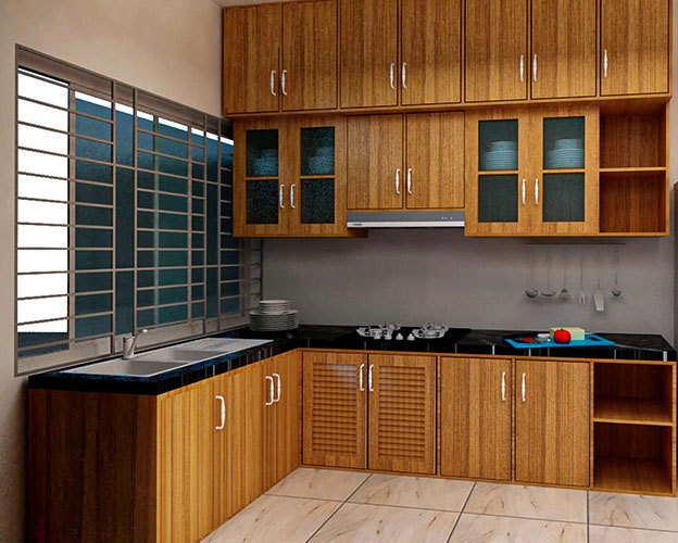 V-shaped modular kitchen design in black and chocolate colors with modern features.