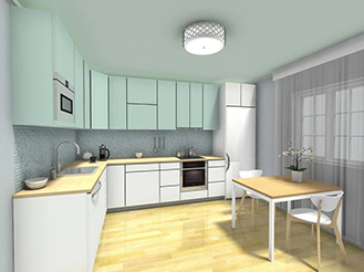 White L-shape modular kitchen with modern design and ample storage.