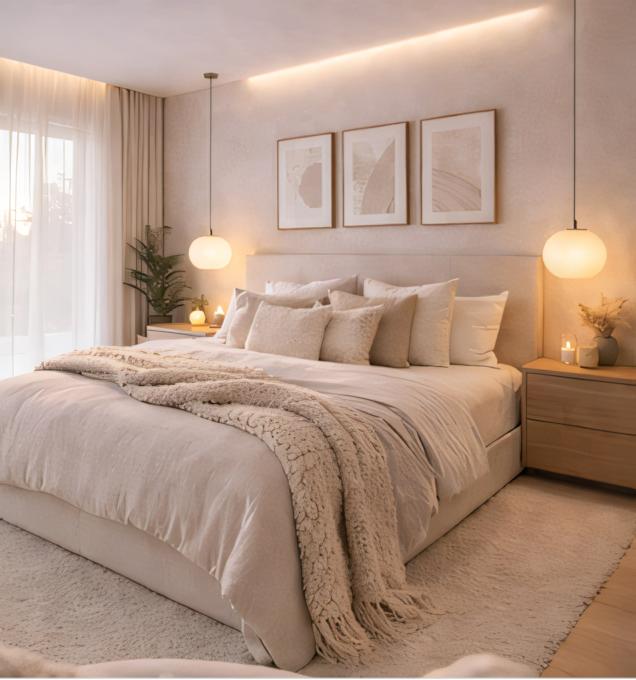 Cozy modern bedroom with warm lighting and comfortable decor