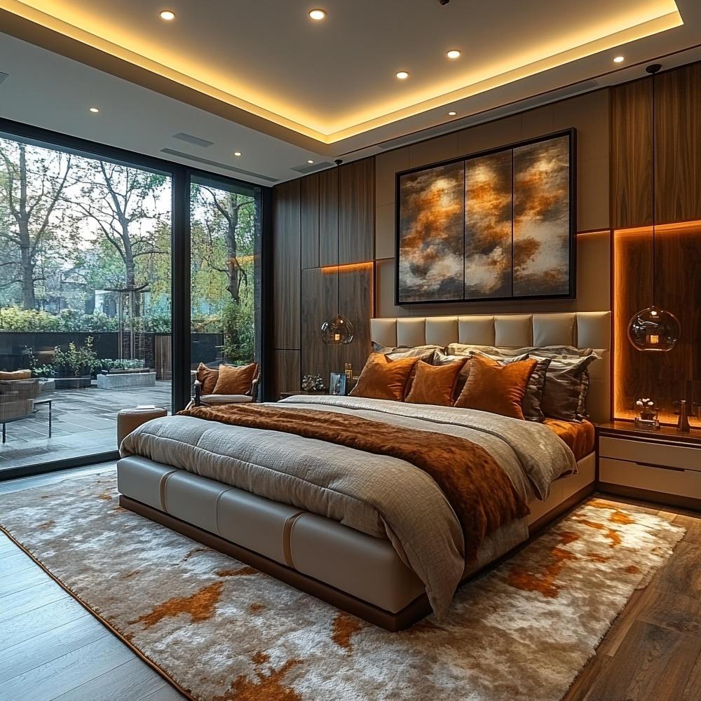 Contemporary master bedroom with wardrobe and coordinated furniture