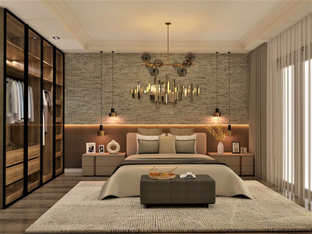 Modern bedroom interior with a stylish bed wall and storage