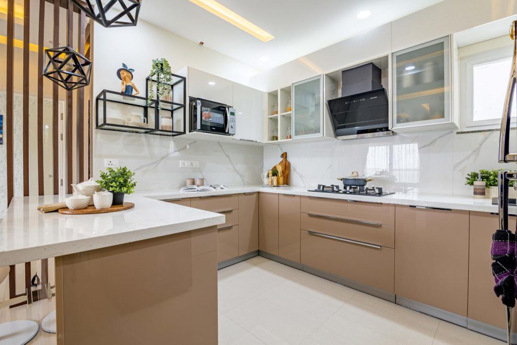 Modern 10x6 kitchen interior with modular cabinets and storage