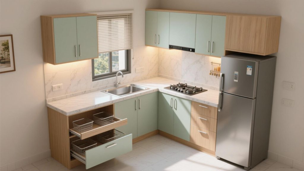 L-shaped modular kitchen designed for an 8×8 space
