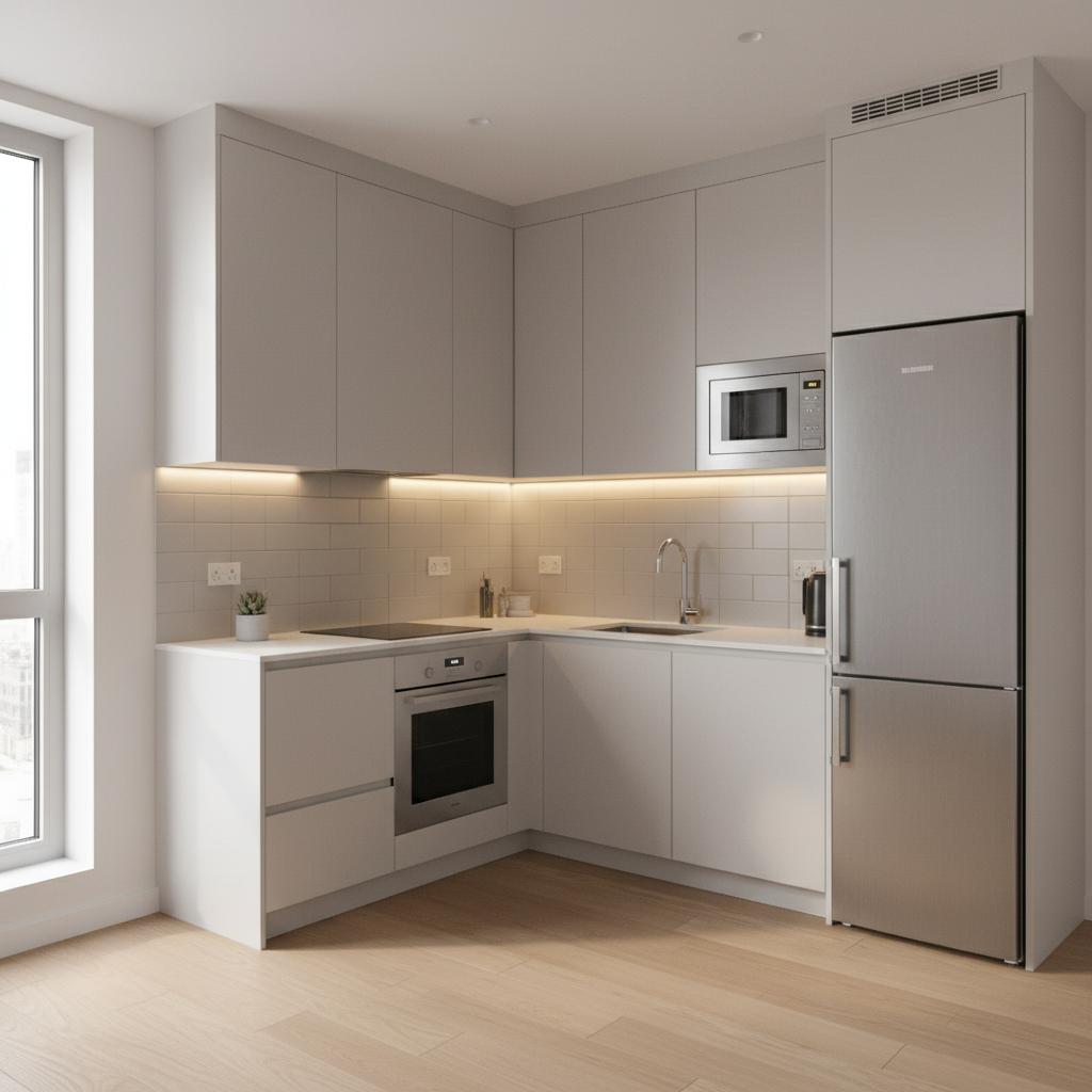 8×8 modular kitchen with modern cabinets and practical storage