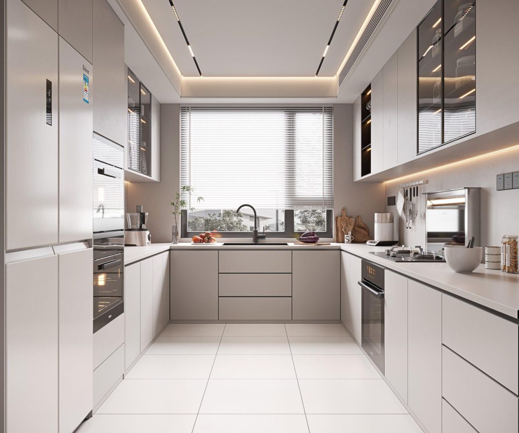 Pull-out drawers and pantry storage in a modern kitchen