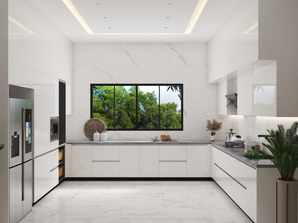 Modern acrylic modular kitchen designed by SLE Pune