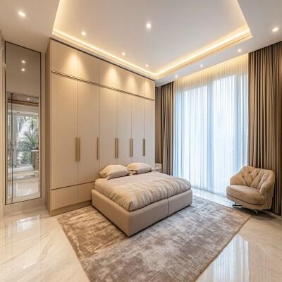 Bedroom bed with integrated storage furniture