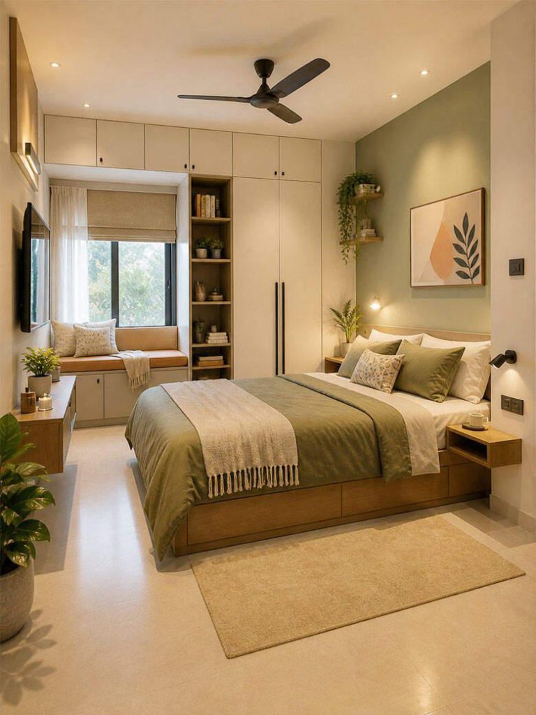 King-size bed positioned in a spacious modern bedroom