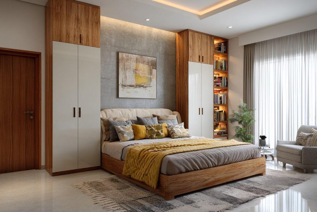 Modern bedroom furniture with coordinated storage and decor