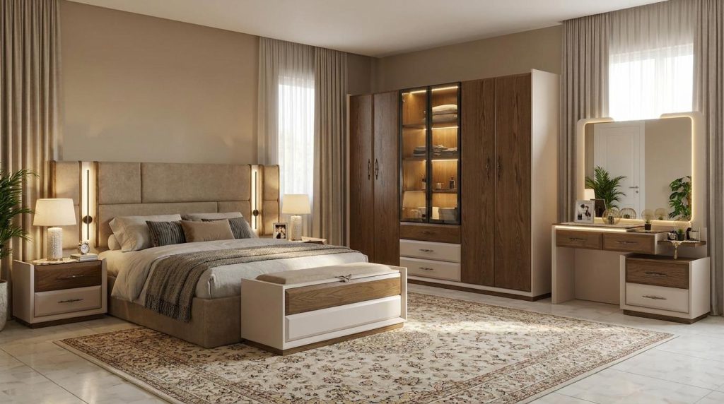 Modern bedroom interior with wardrobe and bedside storage