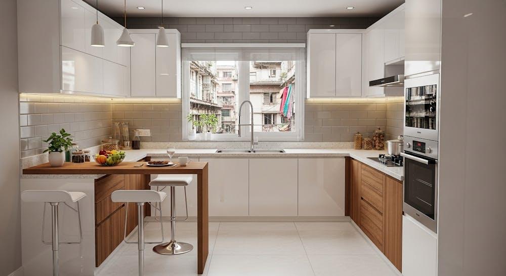 Modern modular kitchen with white and wood colour combination