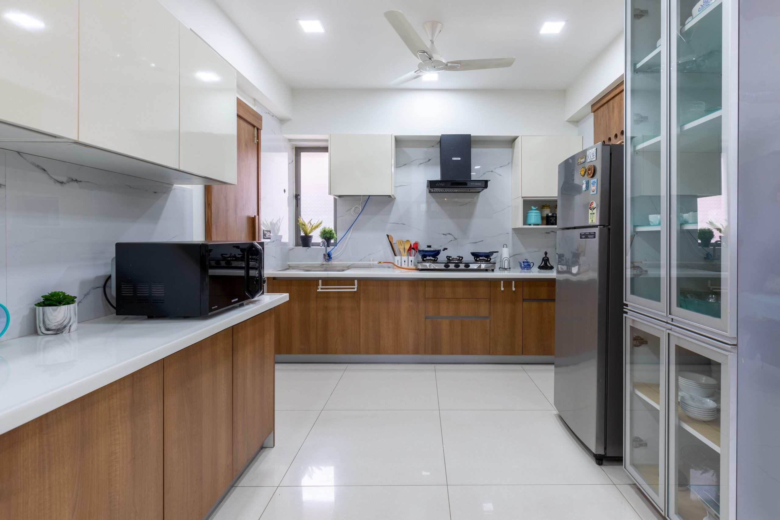 Modern modular kitchen interior with organised cabinets