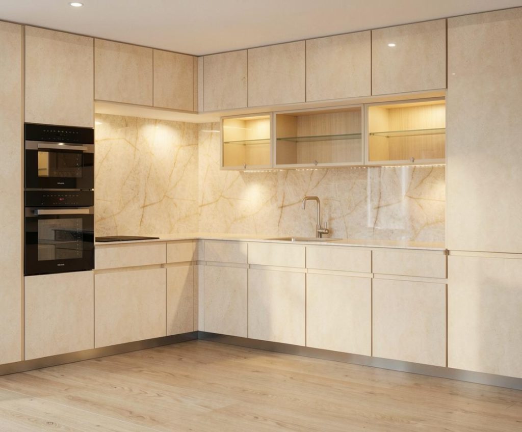 Navy blue and white modular kitchen interior