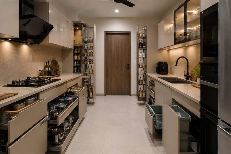 Custom parallel modular kitchen with modern cabinet finishes