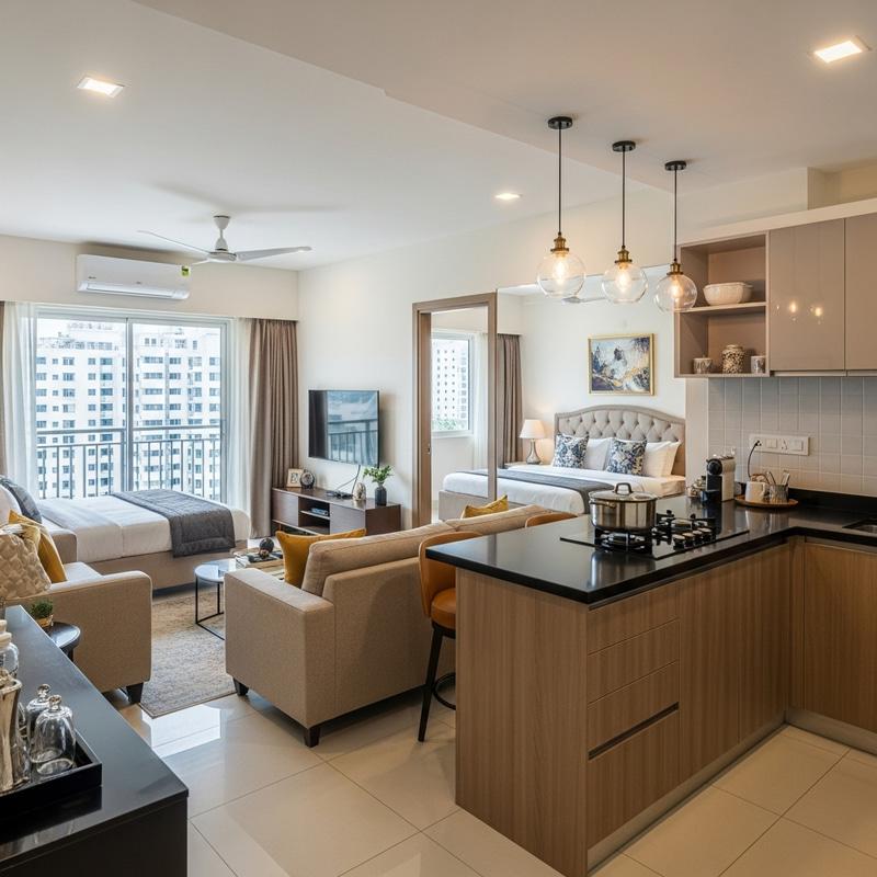 Home decor in Pune with modular kitchen, living room and bedroom