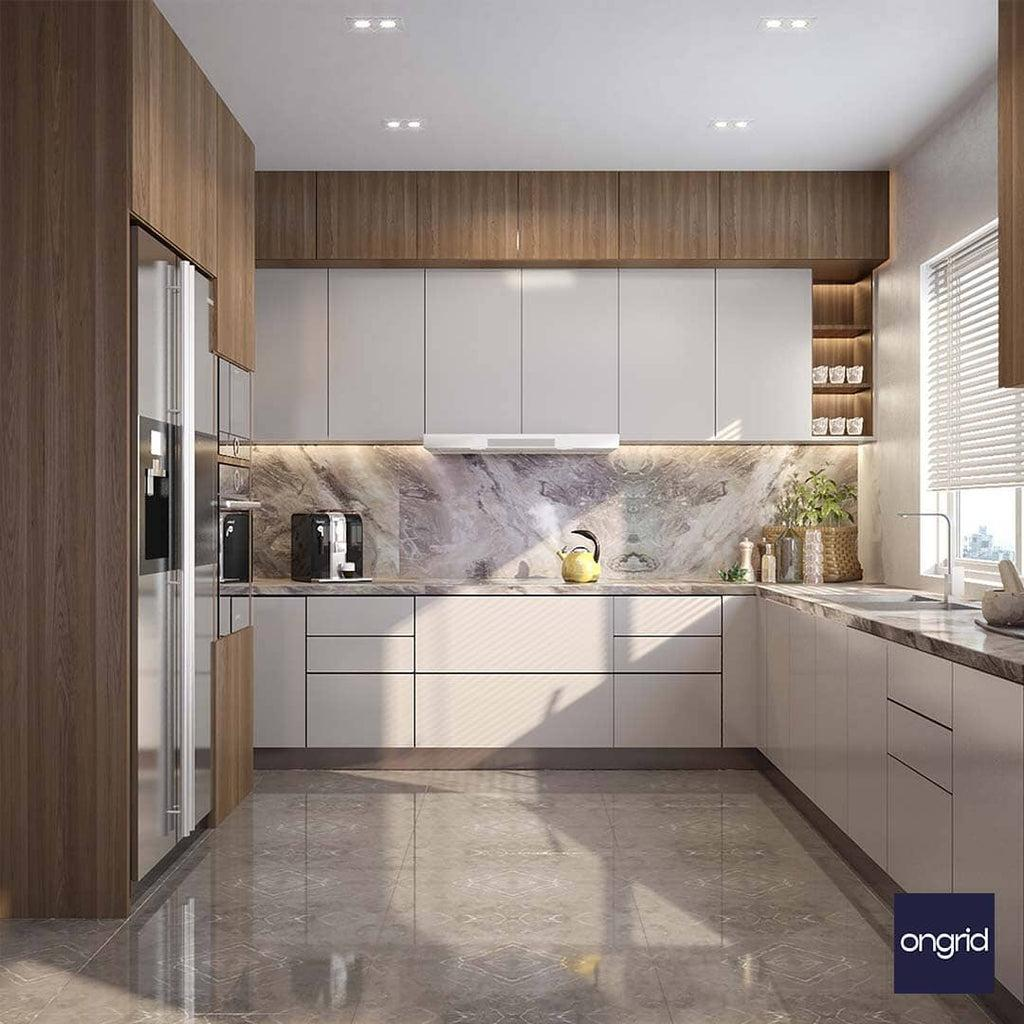 Modern L-shaped kitchen with white cabinets, marble backsplash, and wooden accents.