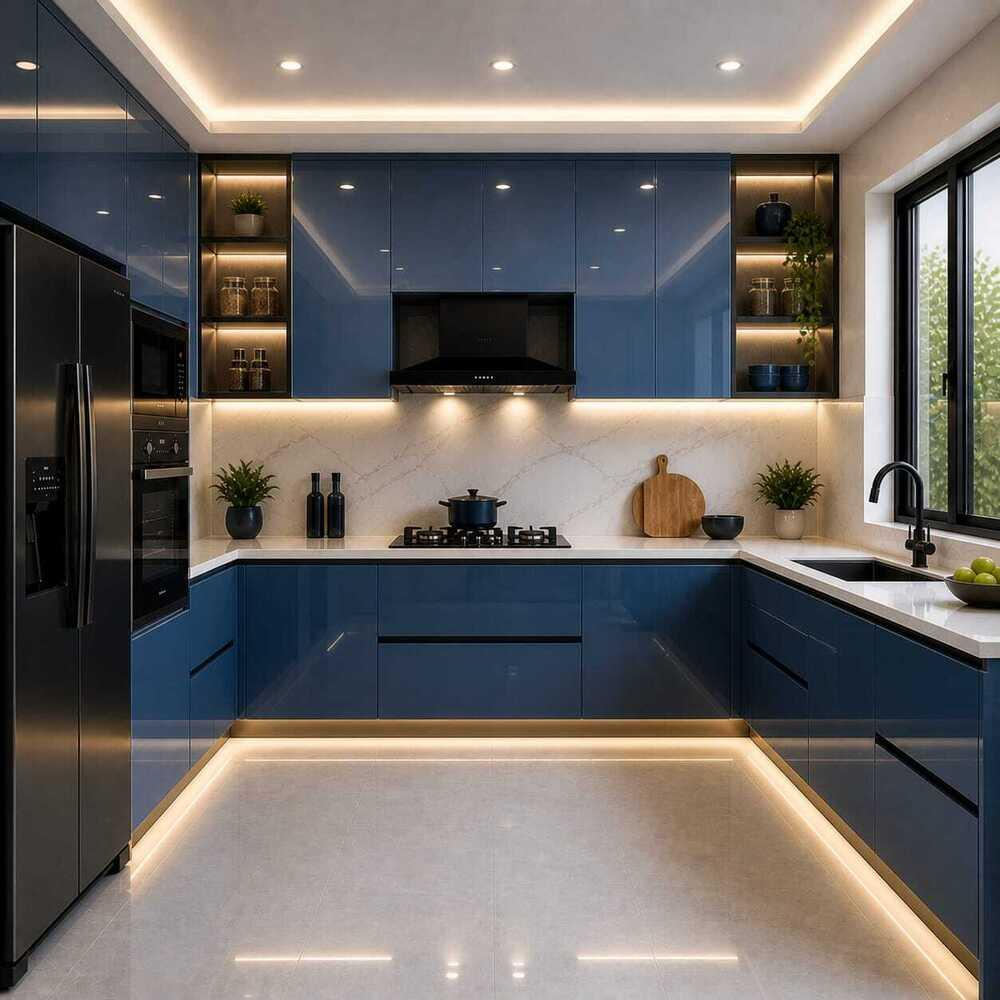 Modern blue kitchen with glossy cabinets, marble backsplash and warm under-cabinet lighting.