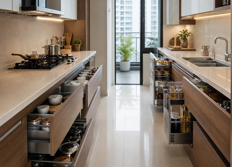 Modern galley kitchen with open drawers showing organized cookware, spices, and dishes, flanked by stainless appliances and a balcony view.