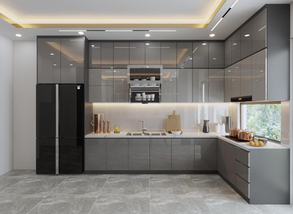 Modern L-shaped kitchen with dark gray glossy cabinets, black refrigerator, and under-cabinet lighting on a bright backsplash area.