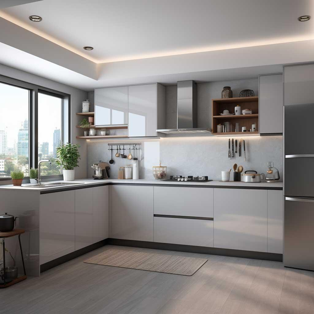 Modern L-shaped kitchen with glossy gray cabinets, stainless appliances, and a large window overlooking a city skyline.
