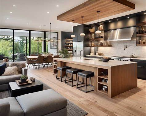 Open-concept kitchen with an island and four stools, dark cabinets, pendant lights, and a living area with a dining table by large windows.