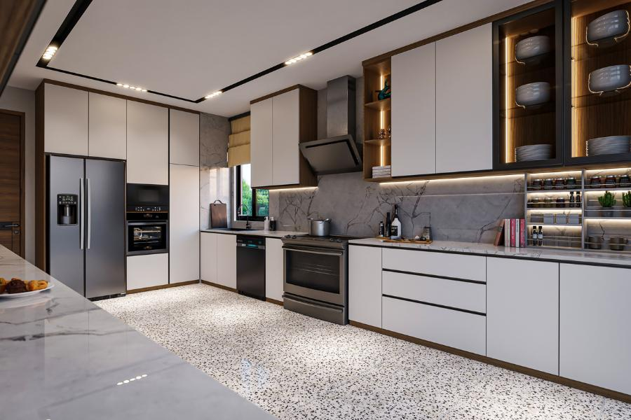 Modern modular kitchen design with white cabinets and professional installation in Pune