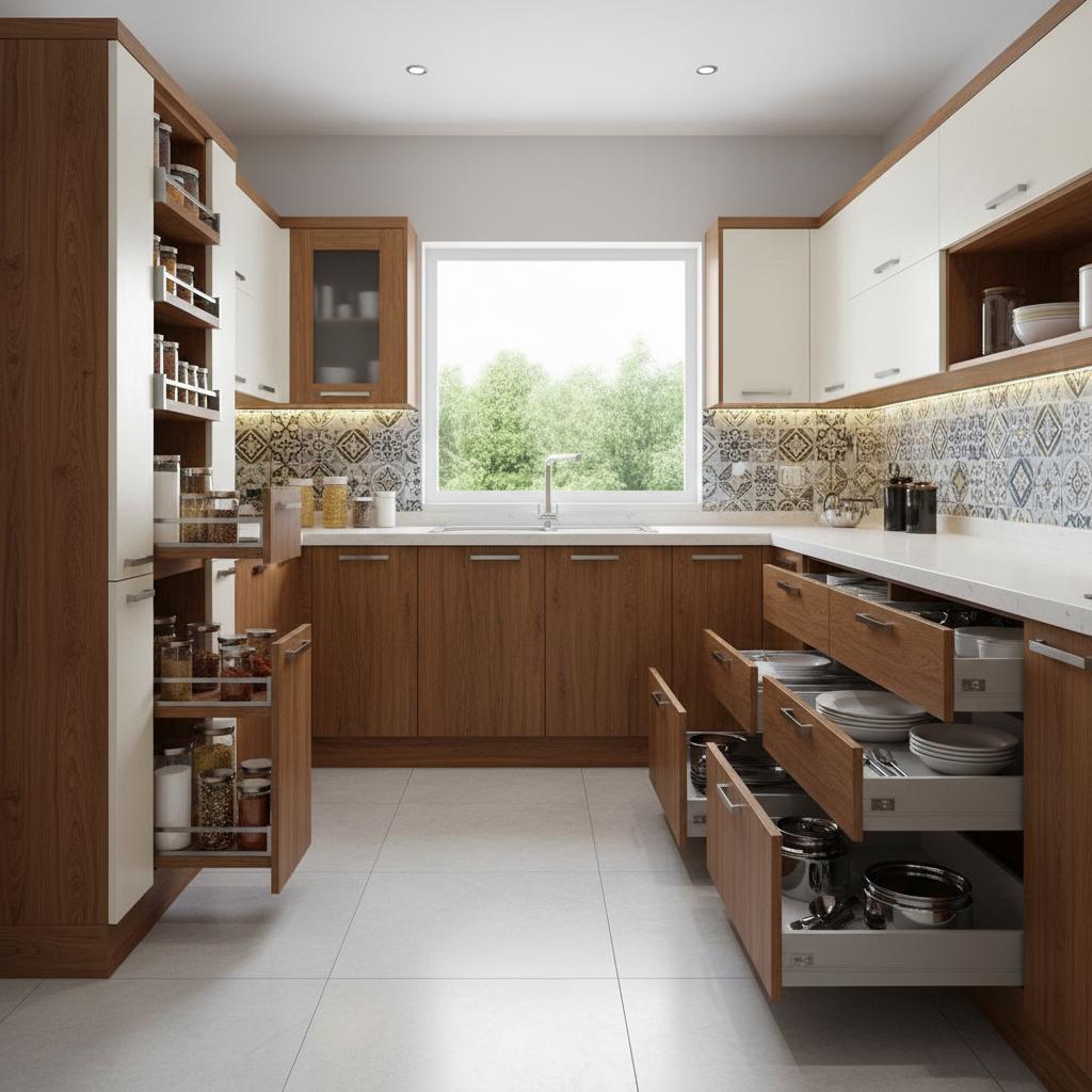 Modern kitchen cabinets with drawers and overhead storage