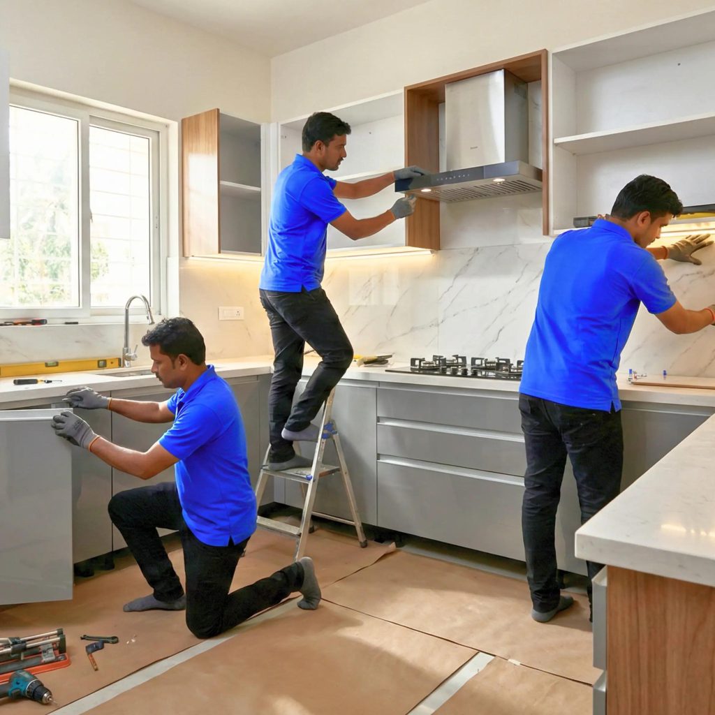 Professional installation of an L-shaped modular kitchen