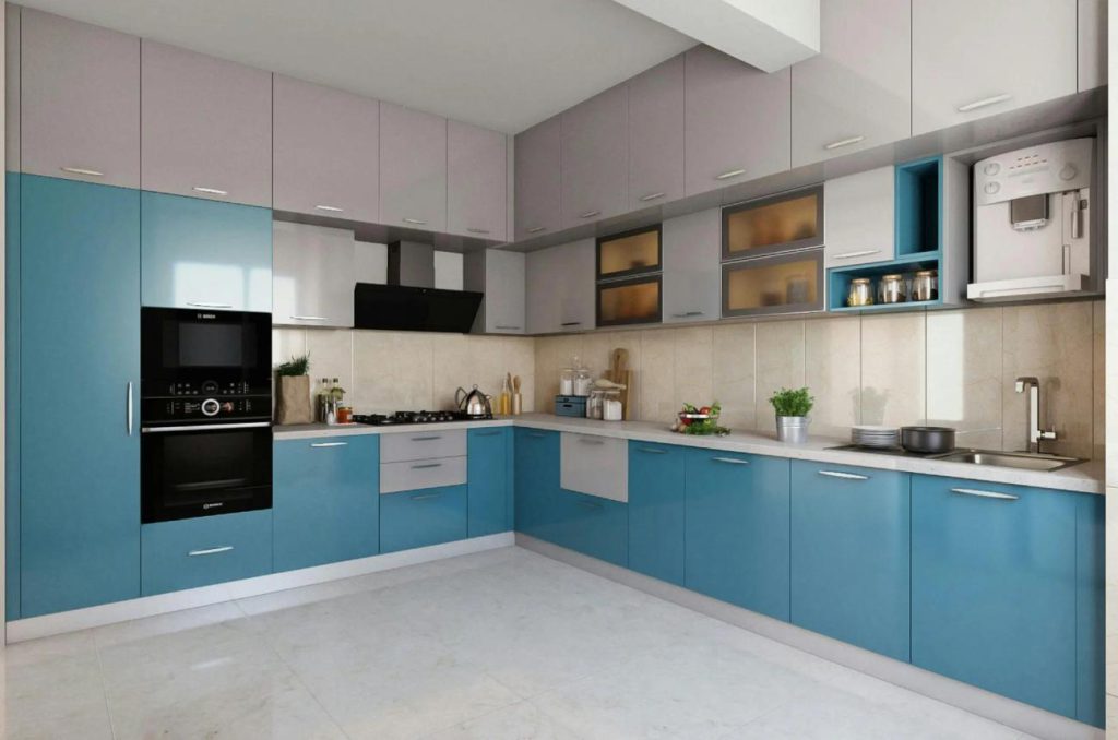 Renovated modular kitchen with modern cabinets and storage