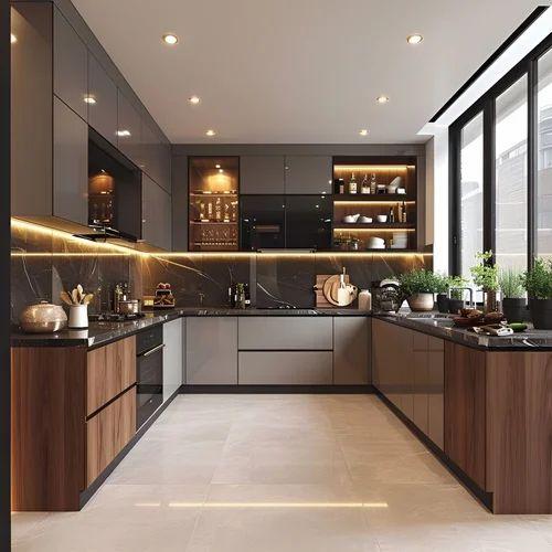L-shaped modular kitchen with storage cabinets