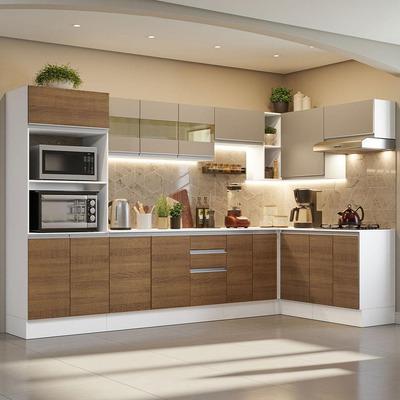 L-shaped modular kitchen with overhead cabinets